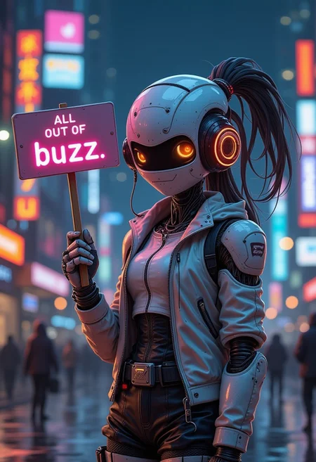 a cute robot girl, cyberpunk, holding up a sign that says "All out of buzz.", night city, neon lights, perfect, detailed