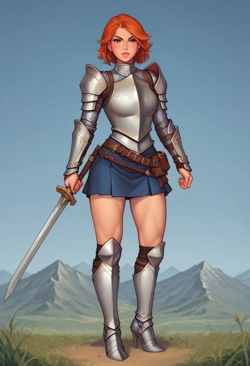(adult woman), (1girl, company of heroes), (looking at viewer), ((knight, armor, skirt)), freckles, standing, (orange hair, medium hair), (purple eyes), (best quality, high detail), ((masterpiece)), ((ready to fight, holdind big sword in hands)), <lora:1_ino_20e:1>
BREAK
((field, mountains)) score_9, score_8_up, score_7_up, score_6_up, source_cartoon, rating_explicit, Expressiveh, (((((full body))))), dynamic pose