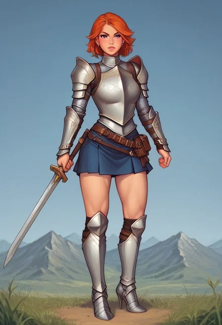 (adult woman), (1girl, company of heroes), (looking at viewer), ((knight, armor, skirt)), freckles, standing, (orange hair, medium hair), (purple eyes), (best quality, high detail), ((masterpiece)), ((ready to fight, holdind big sword in hands)), <lora:1_ino_20e:1>
BREAK
((field, mountains)) score_9, score_8_up, score_7_up, score_6_up, source_cartoon, rating_explicit, Expressiveh, (((((full body))))), dynamic pose