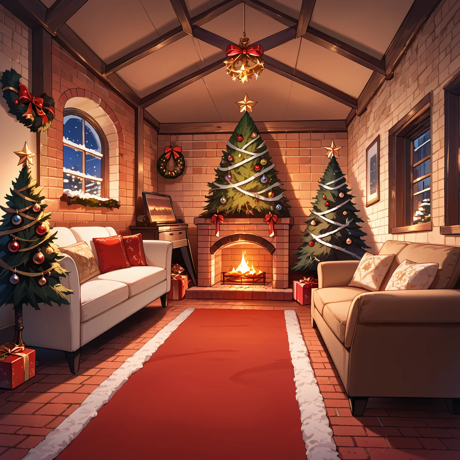 score_9, score_8_up, score_7_up,source_anime, <lora:Christmas living room:0.7> chrlib, scenery, no humans, indoors, living room, night, brick oven, christmas tree, christmas ornaments, red carpet,