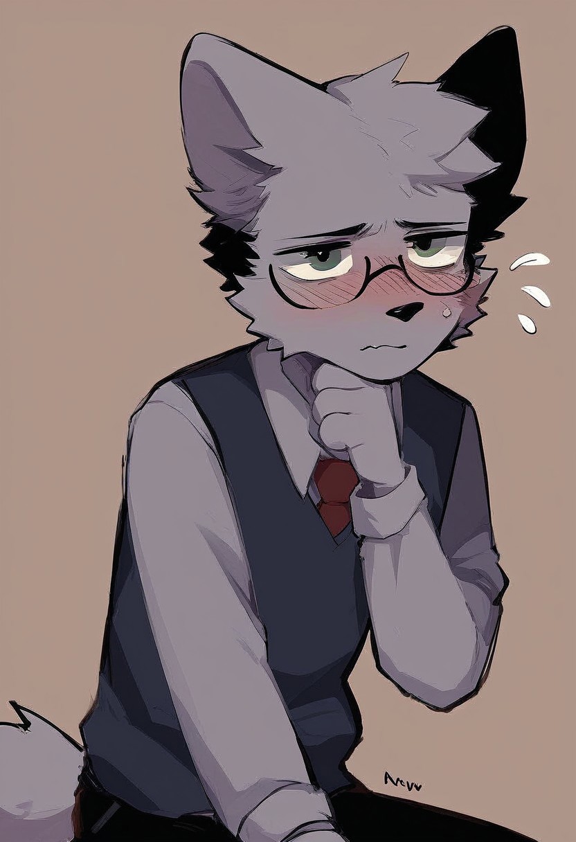 score_9, score_8_up, score_7_up, BrunoF, Gray fur, 1boy, furry, animal ears, furry male, focus male, tail, Gray fur, Black vest, gray shirt, gray sleeves, black pants, solo, sny, Shy expression