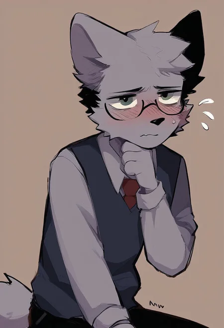 score_9, score_8_up, score_7_up, BrunoF, Gray fur, 1boy, furry, animal ears, furry male, focus male, tail, Gray fur, Black vest, gray shirt, gray sleeves, black pants, solo, sny, Shy expression