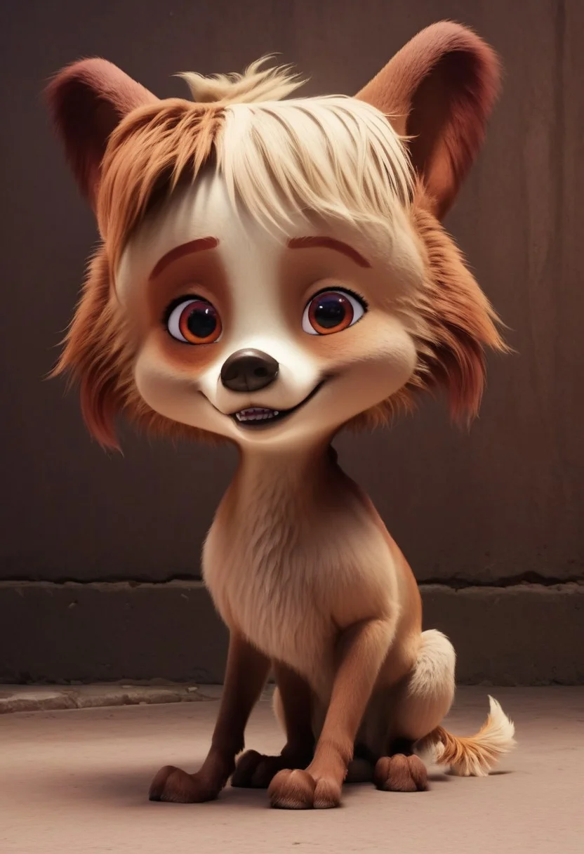 batty, 1girl, female dog, feral, small dog, tri-colored fur, golden tan with a lighter face and belly, one patch over each eye of a darker tan, brown ears, amber eyes, brown and blond hair, brown paws, golden tail, big head, easynegative, score_8_up, score_7_up, BREAK, 1girl, solo, looking at viewer, cute, smiling, smug, sitting, waving at viewer, female focus, looking at viewer, detailed background, 4k, masterpiece, best quality, highly detailed, realistic, full shot