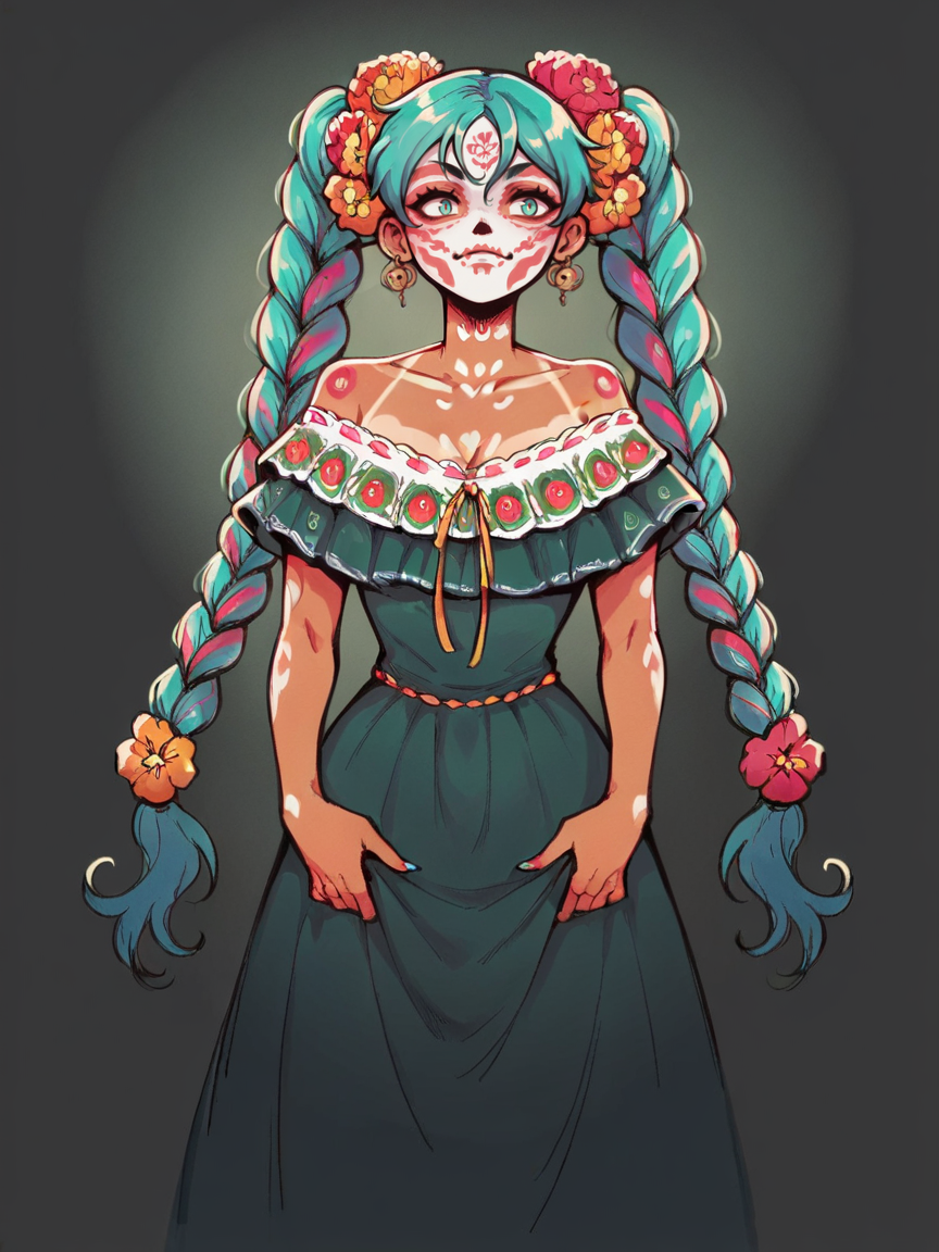 score_9, score_8_up, score_7_up, score_6_up, score_5_up,  <lora:MexicanHatsuneMikuXLP2:0.65> mexican hatsune miku, 1girl, solo, twin braids, multicolored hair, tan skin, curvy, hair flower, (dod, La Catrina face paint, sugar skull face paint), spooky, black background, dress, colourful