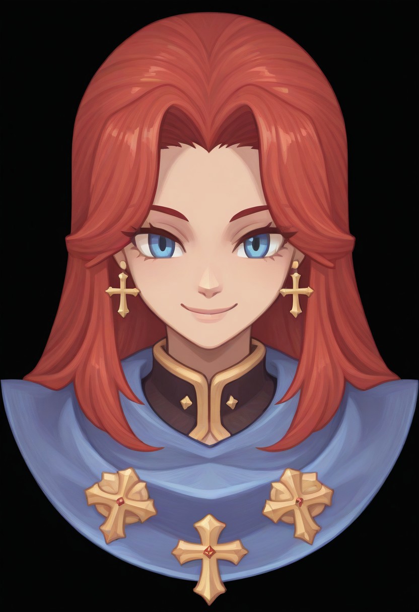(Black background) <lora:afkArenaIllustrious:1>
afkArenaStyle, 1girl, female, solo, portrait, female focus, red hair, blue eyes, long hair, light skin, smile, looking at viewer, beautiful, blue cloak with gold trimming, cross earrings
Ragnarok online character
ROSPRITE