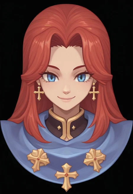 (Black background) <lora:afkArenaIllustrious:1>
afkArenaStyle, 1girl, female, solo, portrait, female focus, red hair, blue eyes, long hair, light skin, smile, looking at viewer, beautiful, blue cloak with gold trimming, cross earrings
Ragnarok online character
ROSPRITE