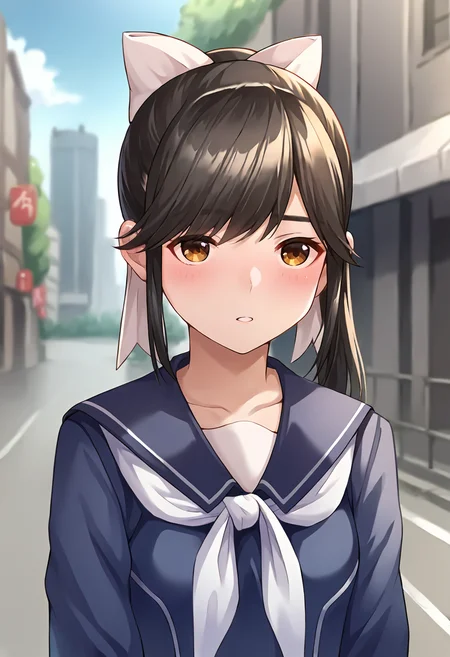 score_9, score_8_up, score_7_up, masterpiece, source_anime 1girl, ct_m4na, long hair, ponytail, hair bow, blue serafuku, blue sailor collar, white neckerchief, long sleeves, blue skirt, outdoors, depth of field, city, cowboy shot, shiny skin, upper body,  <lora:Manaka Takane_Pony_ct_ver2:1>