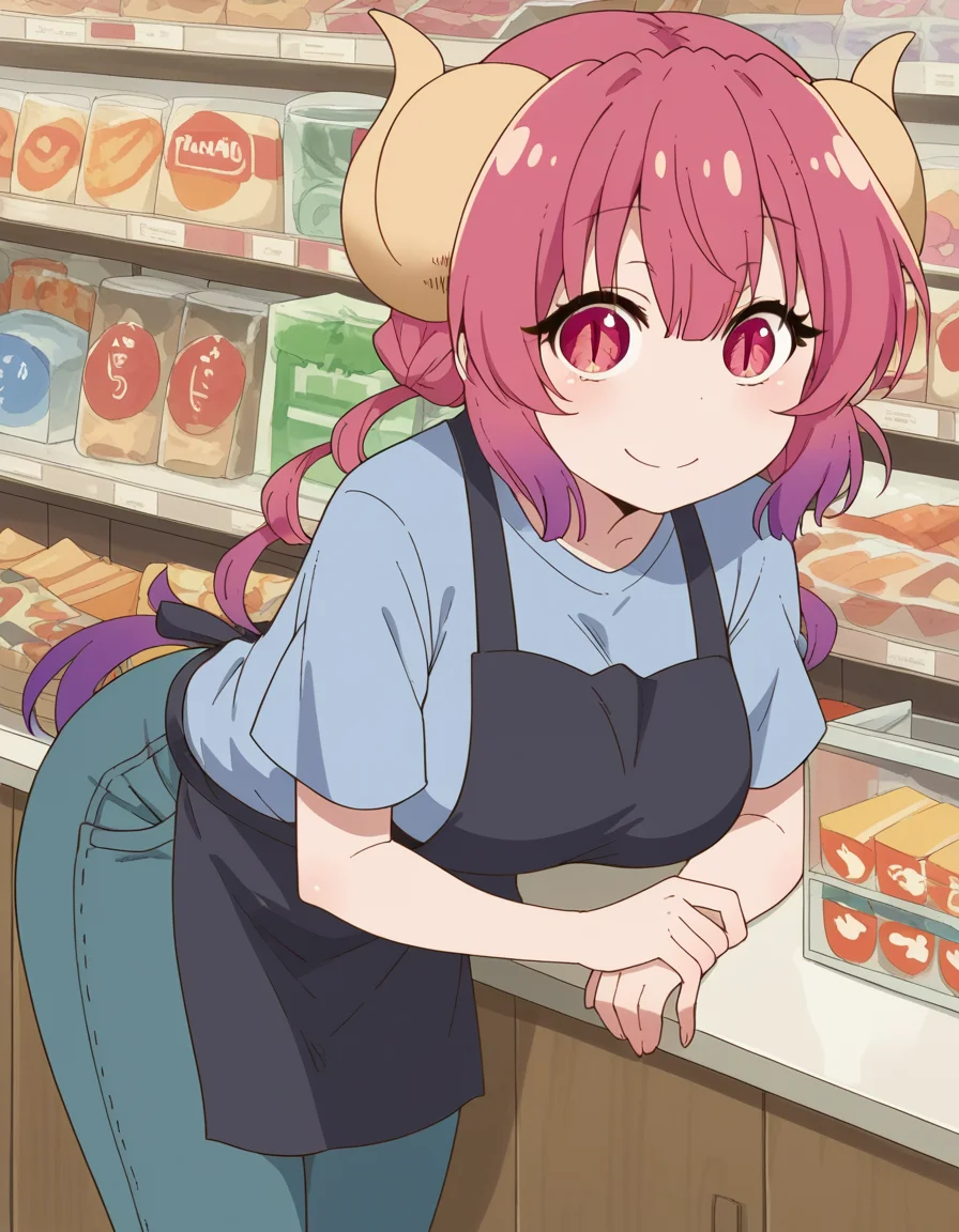 score_9, score_8_up, score_7_up, source_anime,
dragonilulu, <lora:dragon-ilulu-s2-ponyxl-lora-nochekaiser:1>,
ilulu, curled horns, horns, long hair, multicolored hair, purple hair, red eyes, red hair, slit pupils, large breasts,
shirt, short sleeves, apron, blue shirt, black apron, pants,
indoors, bent over, smile, shop,
looking at viewer, cowboy shot, dutch angle, solo,