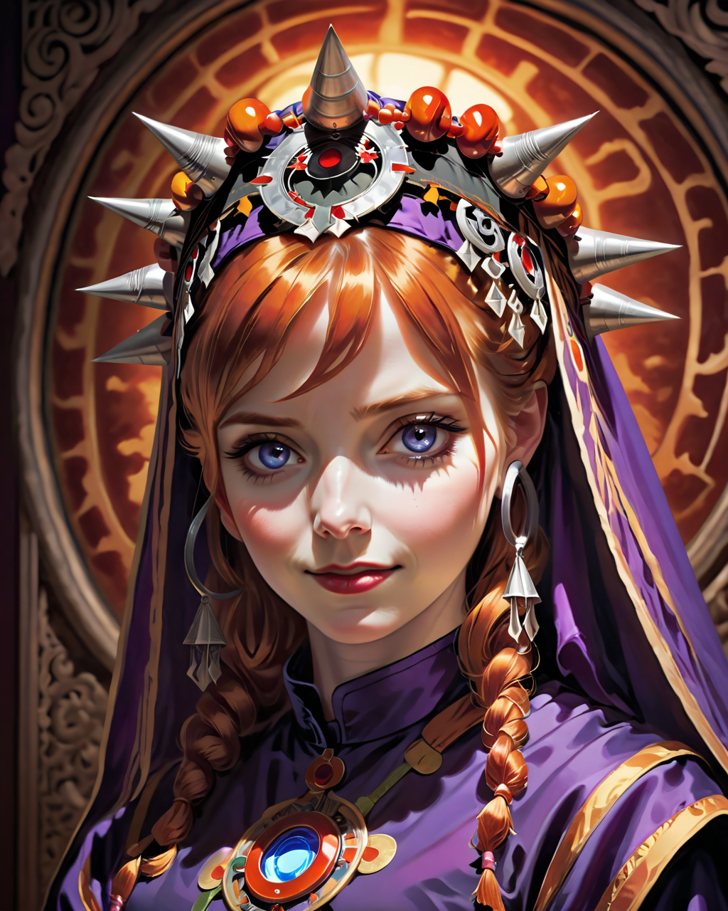 photograph, short lighting, specular lighting, HAL 9000 of Greed, HAL 9000 is cute, Ginger hairstyle, spotlight, and deep purple hue, <lora:Moroccan_Headdress_Ait_Baamrane:0.8> beautiful, traditional, headdress