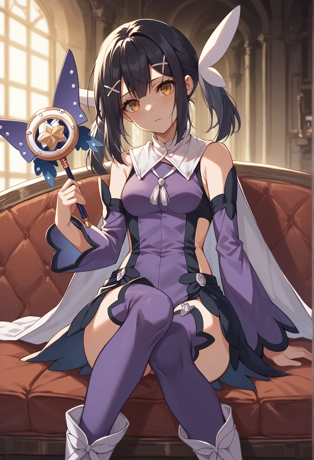 black hair, medium hair, yellow eyes, x hair ornament, low twintails, feathers, magical girl, purple leotard, waist cape, detached sleeves, thighhighs, white boots, cape, sitting, indoors, couch, mansion, expresionless, head tilt, holding wand  <lora:Miyu_Pony_v2:1>, score_9, score_8_up, score_7_up, score_6_up, score_5_up, score_4_up, BREAK source_anime, masterpiece