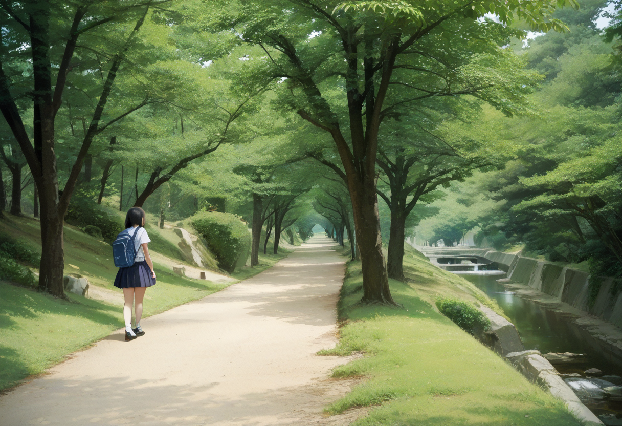 score_9, score_8_up, score_7_up, rating_safe, masterpiece, best quality, absurdres, unity 8k wallpaper, official art, official style, source_anime, uncensored, game cg, megami magazine,
syukugawa, tree, outdoors, scenery, nature, 1girl, bag, traditional media, grass, forest, skirt, solo, backpack, black hair, from behind, day, path, realistic, photo (medium), photo background
<lora:syukugawa_PONY_V1:1>