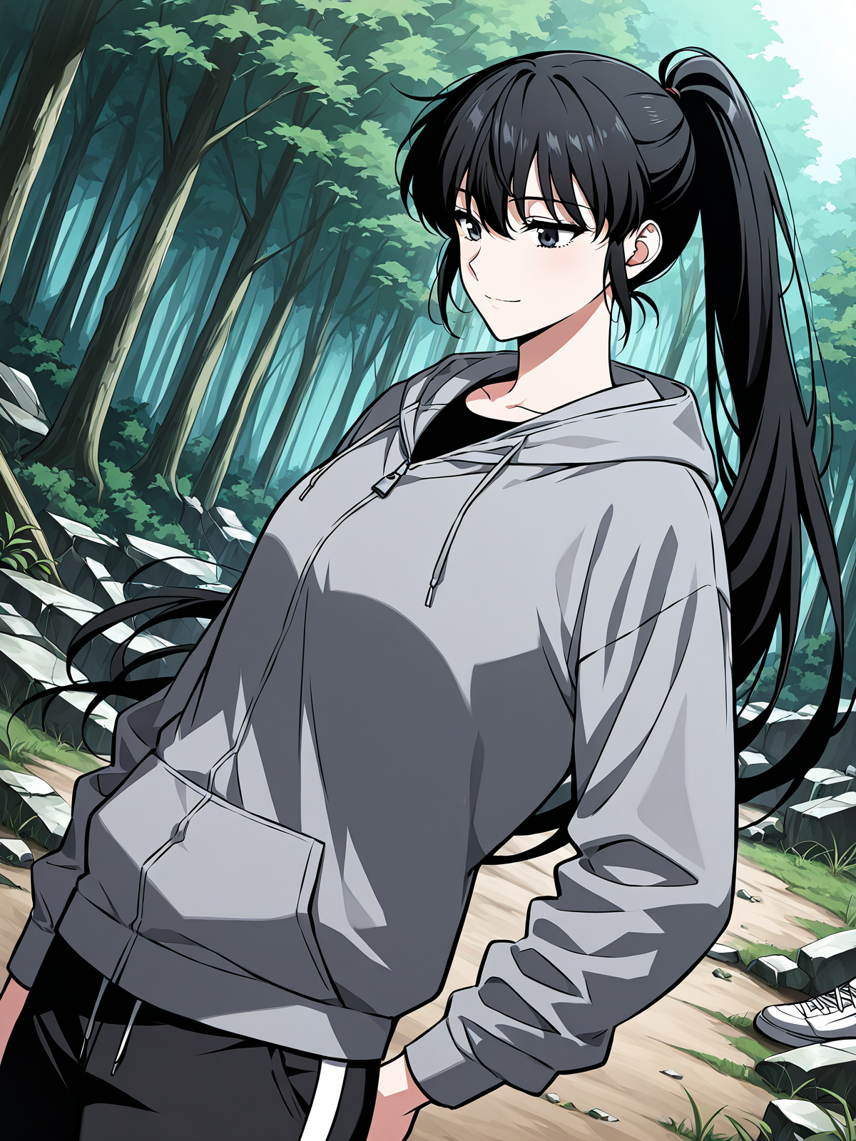 <lora:Omniscient_Readers_Viewpoint__Lee_Jihye:1>
1girl, solo, long hair, black hair, tied hair, high ponytail, black eyes, messy bangs, 
gray hoodie, black t shirt, black track pants, white stripe pants, white sneakers, modern clothing, 
score_9, score_8_up, score_7_up, very aesthetic, source_anime, detailed, high quality, beautiful, masterpiece, detailed eyes, forest, tree, ruins, cowboy shot, dynamic angle, upper body, light smile, dynamic pose