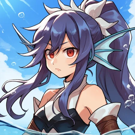 (score_9, score_8_up, score_7_up, score_6_up), source anime, BREAK,
<lora:Ishiene:0.70> , ishdef, 1girl, red eyes, long hair, ponytail, purple hair, head fins, white collar, armor, (portrait), looking at viewer, closed mouth, bare shoulders, blue sky, ocean, submerged, underwater, <lora:3mpr3ss3XLP:0.6> , 3mpr3ss3,