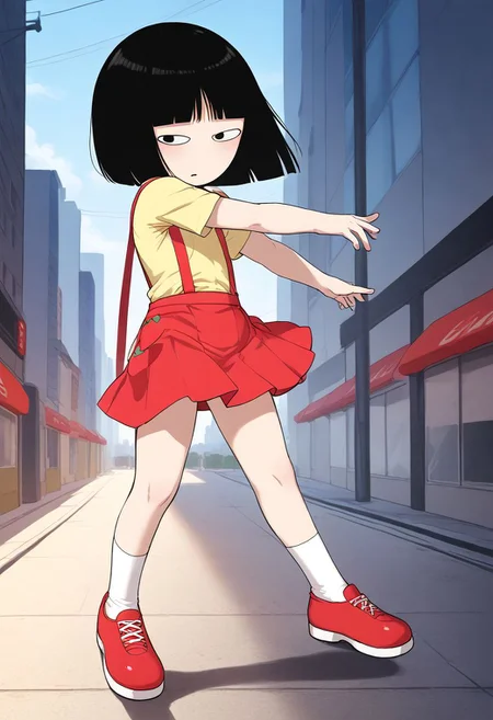 <lora:HyLper-Accelerate-PAseer:1> <lora:Fixhands_anime_bdsqlsz_V1:1>score_9, score_8_up, score_7_up, source_anime, intricate details, perfect anatomy BREAK
1girl, hanako-san, black hair, black eyes, no nose, yellow shirt, red suspender skirt, white socks, red shoes, flat chest,
dynamic pose, outdoors, city, skyscraper, 
<lora:hanako-san_XL(pony)v10:1>