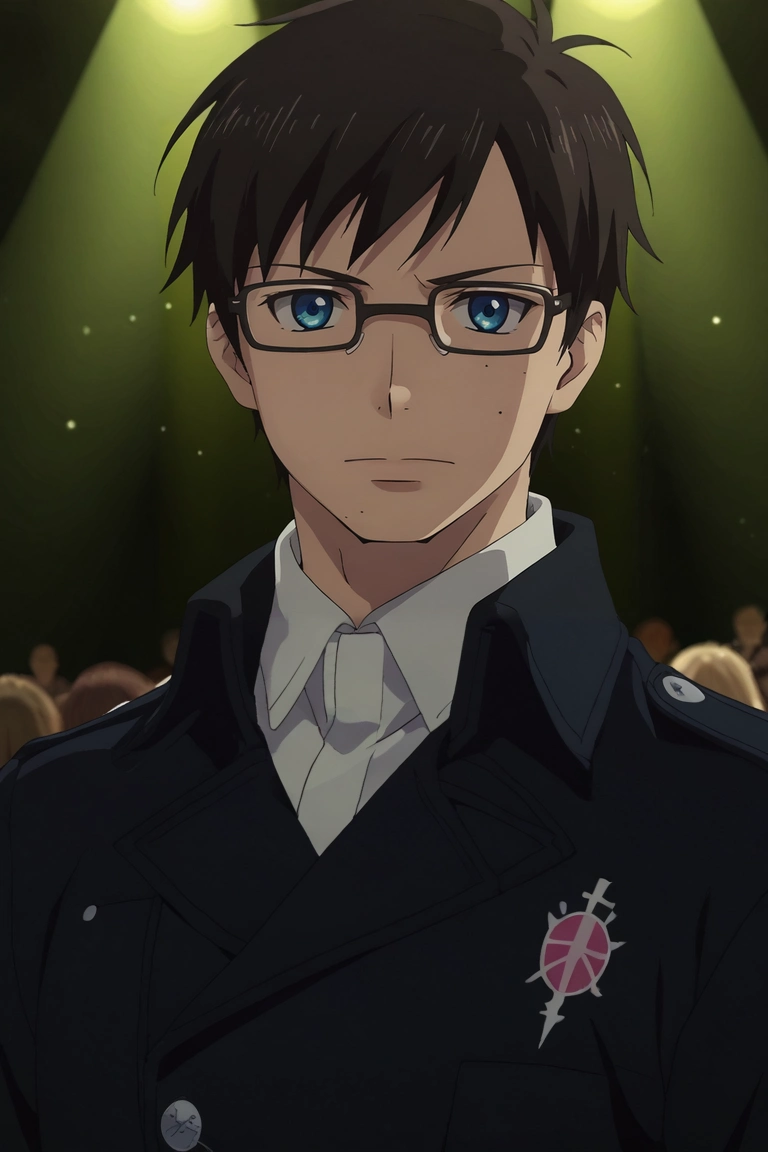 score_9, score_8_up, score_7_up, source_anime, rating_safe, , anime screencap, anime coloring, official style, , , 1boy, solo, male focus, <lora:yukio_okumura_pony:0.98>, yukio_okumura, black hair, blue eyes, mole, mole under eye, glasses, black-framed eyewear, close-up, concert, stage, stage lights, idol, dawn, (dynamic pose), wavy mouth, , <lora:sdxl_lightning_8step_lora:1>