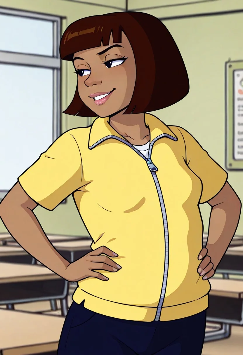 masterpiece, best quality, very aesthetic, highres, absurdres, tina, 1girl, solo, short hair brown hair, bob cut, bangs, dark skin, lips, black eyes, small breasts, blue shorts, yellow hot dog jacket, pink sandals, standing, looking back at you, smirk, hands on hips, small breasts, indoors, classroom, cowboy shot, upper body,