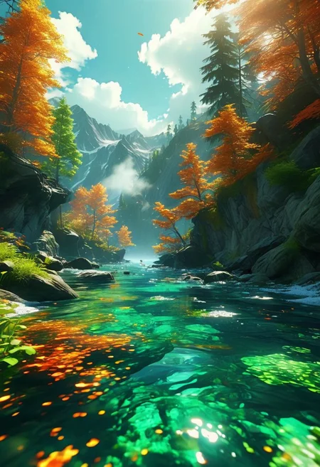 (ultra high res:1.4), (masterpiece), (beautiful lighting:1.4) , lush green forest, Mountains, Trees on fire, Bright sunlight illuminates the crystal-clear water, (deep underwater), anime, half above water and half below water, (clear underwater), beautiful sky with clouds and smoke, embers landing on the water, fish, depth