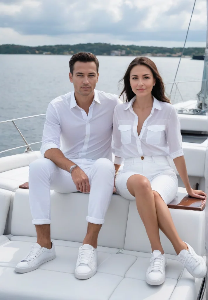 man 35 years old and young woman, sitting on the yacht, see at camera, white pants, white sneakers <lora:Couple on yacht v.5:0.8>, <lora:Perfect Hands:1>
