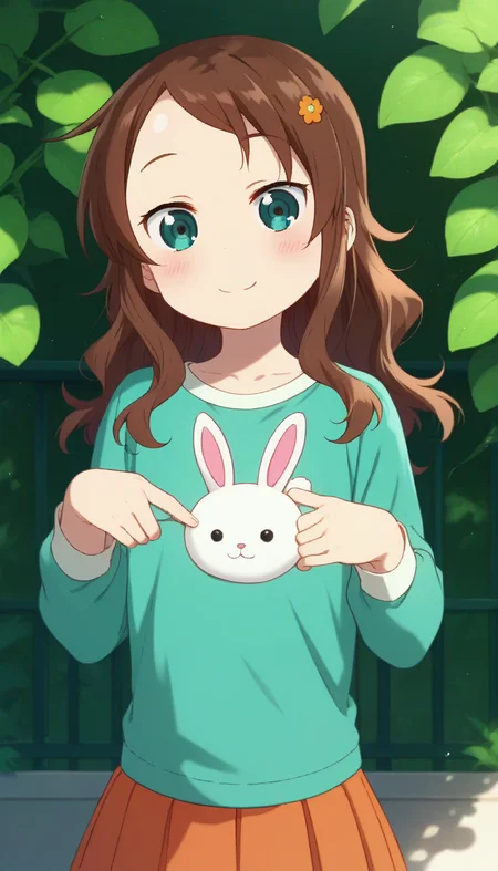 score_9,score_8_up,score_7_up,score_6_up BREAK official art,solo,outdoors,upper body,(portrait:1.5),looking at viewer,facing viewer,smile,blush,Riko Saikawa,female child,brown hair,long hair,curly hair,hair ornament,hair flower,hairclip,sidelocks,forehead,parted bangs,aqua eyes,collarbone,aqua shirt,animal print,bunny print,long sleeves,flat chest,orange skirt,pleated skirt,white socks,mary janes,green footwear,<lora:Riko Saikawa(mkdm)-Pony:1.4>,