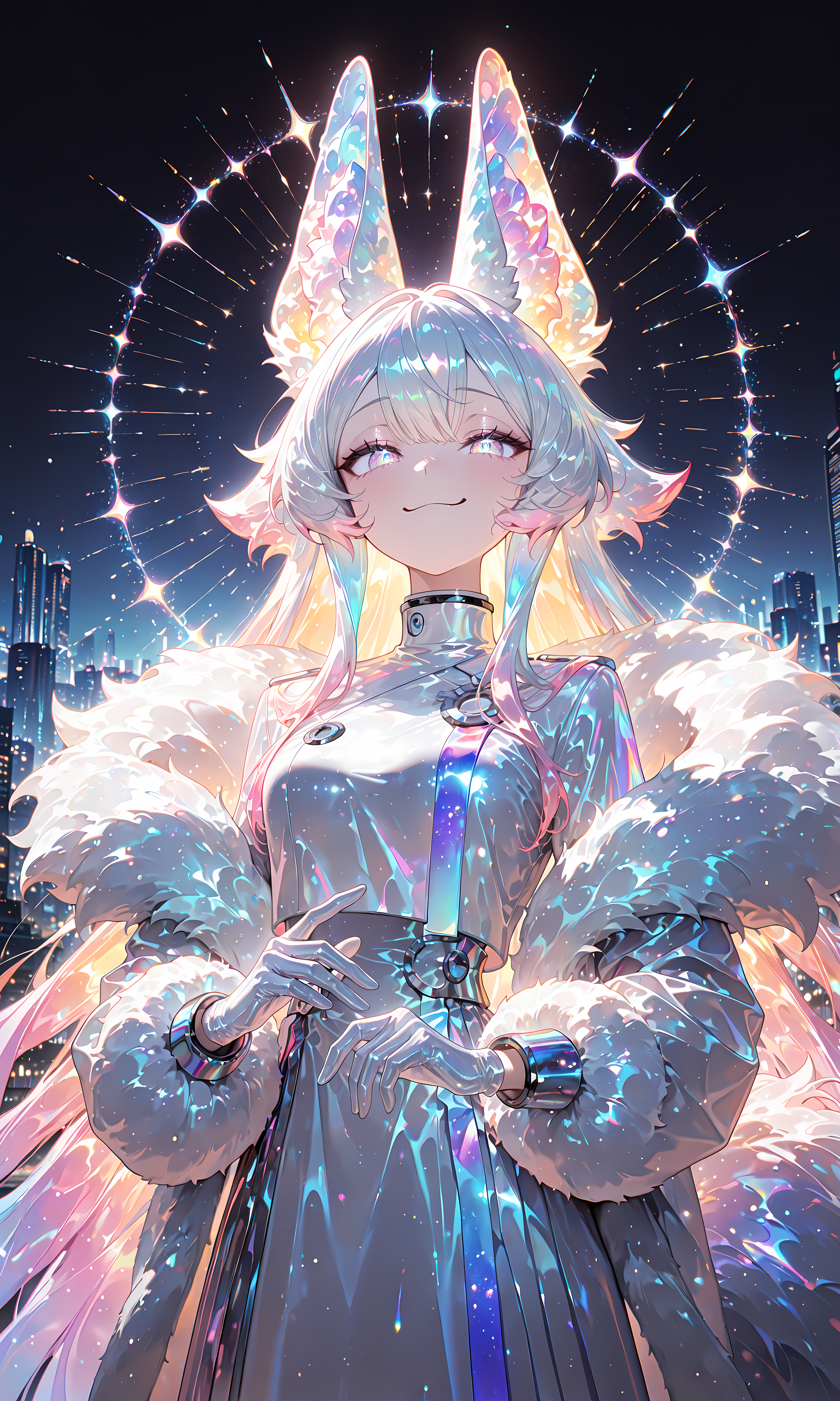 masterpiece, best quality, amazing quality, very aesthetic, absurdres,  newest, volumetric lighting, detailed, detailed background, night city, 1girl, white long dress, gloves, holographic colors, gradient colors, multicolored hair, shiny, long animal ears, fluffy tail, portrait, dutch angle, close up, smug, masterpiece, best quality, amazing quality, very aesthetic, absurdres,  newest, volumetric lighting,