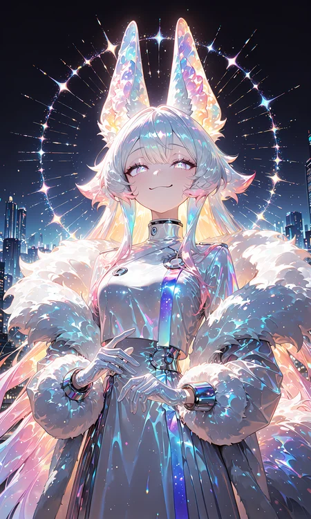 masterpiece, best quality, amazing quality, very aesthetic, absurdres, newest, volumetric lighting, detailed, detailed background, night city, 1girl, white long dress, gloves, holographic colors, gradient colors, multicolored hair, shiny, long animal ears, fluffy tail, portrait, dutch angle, close up, smug, masterpiece, best quality, amazing quality, very aesthetic, absurdres, newest, volumetric lighting,