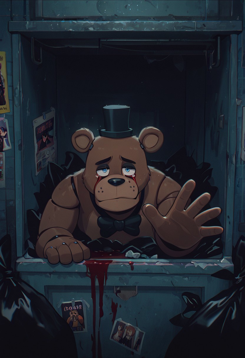 masterpiece, best quality, amazing quality, very aesthetic, absurdres, newest, detailed background,
cartoon, screencap, 
freddyit, 1boy, black mini top hat, black bowtie, bear ears, joints,  animatronic,
inside dumpster, reaching out, covered in blood, sad, closed mouth, frown, dark alleyway, missing posters, trash bags, garbage, blood tears, scard look
