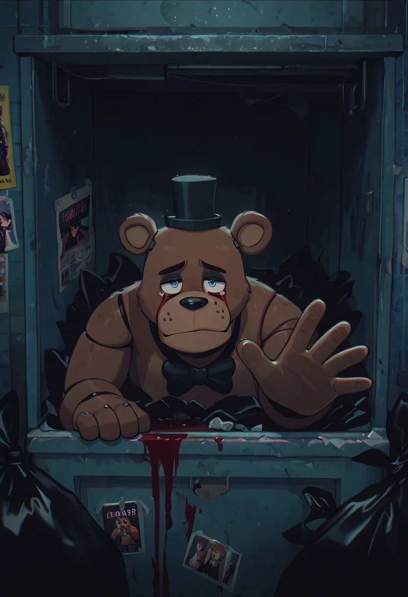 masterpiece, best quality, amazing quality, very aesthetic, absurdres, newest, detailed background,
cartoon, screencap, 
freddyit, 1boy, black mini top hat, black bowtie, bear ears, joints,  animatronic,
inside dumpster, reaching out, covered in blood, sad, closed mouth, frown, dark alleyway, missing posters, trash bags, garbage, blood tears, scard look