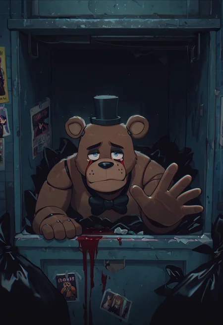 masterpiece, best quality, amazing quality, very aesthetic, absurdres, newest, detailed background,
cartoon, screencap,
freddyit, 1boy, black mini top hat, black bowtie, bear ears, joints, animatronic,
inside dumpster, reaching out, covered in blood, sad, closed mouth, frown, dark alleyway, missing posters, trash bags, garbage, blood tears, scard look