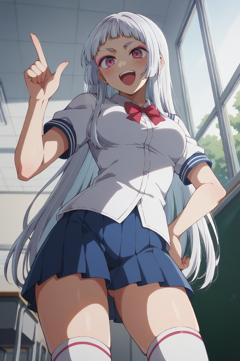 score_9, score_8_up, score_7_up, 1girl, prefect lighting, very aesthetic, intricate details, highly detailed background, masterpiece, high quality, prefect hands, best quality, solo,
<lora:Akane_Kurokawa_Princess_Sayahime_Oshi_No_Ko_V1:.85>, KJOsayahime, white hair, pink eyes, long hair, blunt bangs, pink eyeliner, thick eyebrows, 
White school uniform, blue pleated skirt, kneehighs, short sleeves,
from below, pointing, laughing, blush, leaning forward, hand on own hip,
School, classroom, window, sunny, tree,
(Beautiful, medium Breasts:1.2), natural breasts,