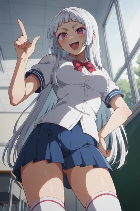 score_9, score_8_up, score_7_up, 1girl, prefect lighting, very aesthetic, intricate details, highly detailed background, masterpiece, high quality, prefect hands, best quality, solo,
<lora:Akane_Kurokawa_Princess_Sayahime_Oshi_No_Ko_V1:.85>, KJOsayahime, white hair, pink eyes, long hair, blunt bangs, pink eyeliner, thick eyebrows, 
White school uniform, blue pleated skirt, kneehighs, short sleeves,
from below, pointing, laughing, blush, leaning forward, hand on own hip,
School, classroom, window, sunny, tree,
(Beautiful, medium Breasts:1.2), natural breasts,