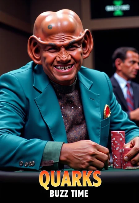 A movie poster for a space casino. A smiling Ferengi wearing a cyan coloured suit. He looks down onto a poker table with high stacked poker chips.
The movie title in bold letters: "Quarks"
A the bottom of the image a banner text is displayed in bold futuristic letters: "BUZZ Time"