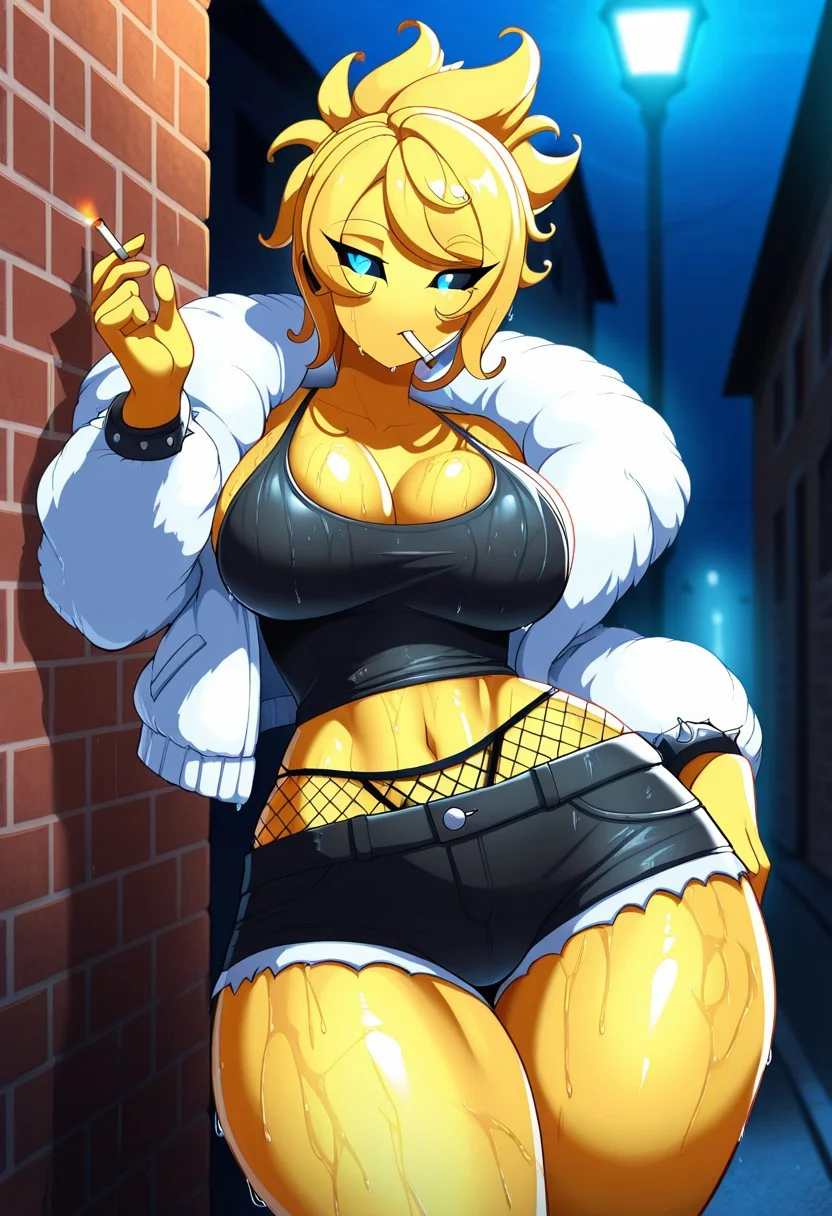 masterpiece, best quality, amazing quality, very aesthetic, high resolution, ultra-detailed, absurdres, newest, scenery, depth of field, scenery, volumetric lighting, curvy figure, voluptuous, thick thighs, night time, dark alleyway, by streetlight, brick wall, 1female, solo, wet body, half lidded eyes, yellow hair, black sclera, blue eyes, short hair, messy hair, punk hairstyle, black bracelets, yellow skin, fantasyspeciesILL, noseless, no nose, earless, no ears, prostitute,, prostitute outfit, standing, hip sway, fishnets, fluffy jacket, front view, cowboy shot, lookimg at viewer, thong, cigarette in mouth, money tucked in thong, thong, booty shorts,