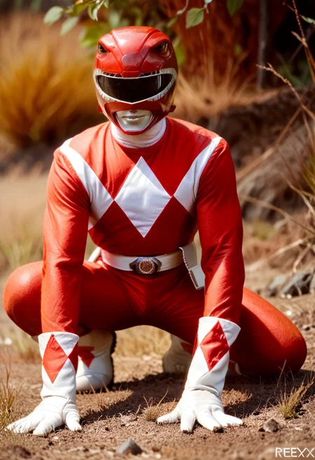 score_9, score_8_up, score_7_up
, masterpiece, beautiful,
solo,1 male, RedPowerranger, Tight suit, diamond patterns suit, white gloves,,helmet,red helmet, glossy finish,T-rexhelmet, red accents, white belt, vibrant color, white boots,red colored suit,Holster