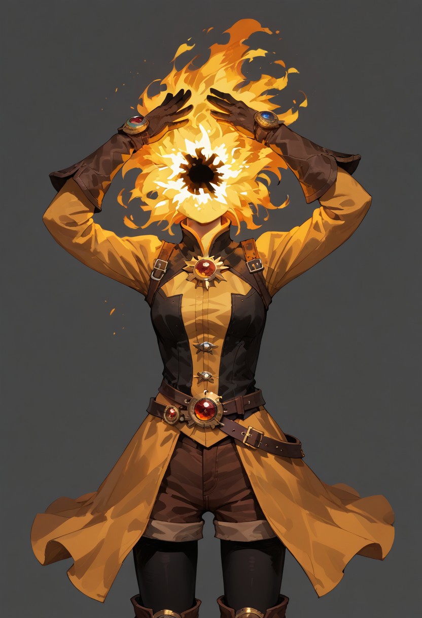 score_9, score_8_up, score_7_up, solo,
lord_of_frenzy, fire head,
headache, mad, lean back,
novakin, faceless, no eyes, no mouth, no nose, no facial features, short fiery yellow orange hair, body made of black plasma,
open hands, hands on face front,
hands on own head, 
upside-down, backflip,
magical girl outfit, (steampunk dress:1.1), boots, (brown shorts:1.1), black tights, medium breasts, belt, gloves, 
simple background, grey background,