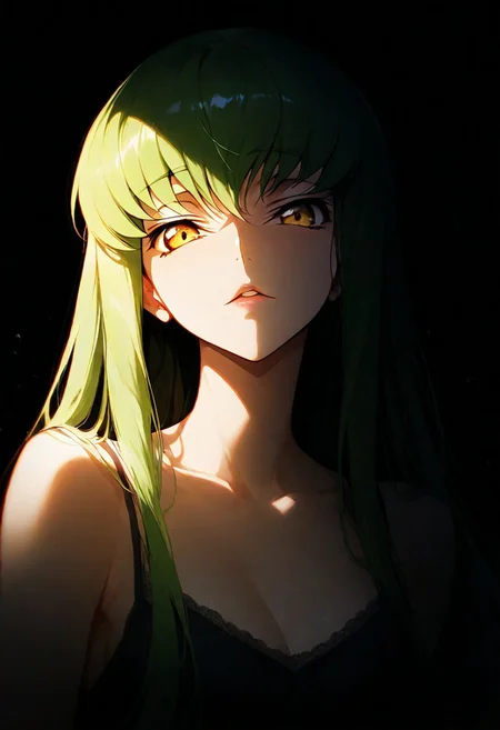 1girl,C.C. (Code Geass), lips, thin lips, parted lips, solo, looking at viewer, camisole, upper body, dark, underlightling, masterpiece, best quality, very aesthetic