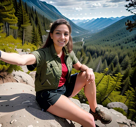 RAW photo, (masterpiece), best quality, extremely detailed, (man and woman), ((two people):1.2), (couple), sharp, studio quality,technical jacket hiking shorts,outside, sunny day,(outside on hiking trail), sitting, mountains, trees, dirt trail, (looking at viewer), 8k uhd, dslr, soft lighting, high quality, film grain, Fujifilm XT3, (full body portrait), (pov view), ((armoutstretched)), <lora:selfiearm:0.85>