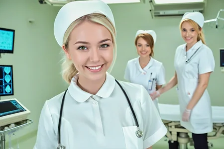 Inside a modern operating room, a young blonde nurse wears white nurse uniform with nurse cap, with a gentle smile on the face.
<lora:nurse_uniform_xl_v1-000003:1>