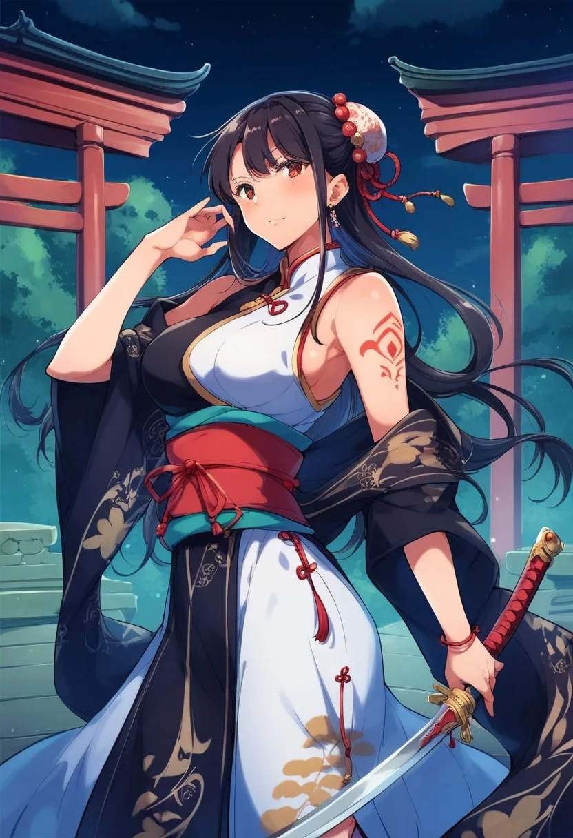 score_9, score_8_up, score_7_up, score_6_up, 1woman, mature woman, (score_9, score_8_up:1.1), score_7_up,
Very long black hair, brown gradient hair, high hair bun, brown eyes, pale skin, medium breasts, full right arm tattoo, sleeveless_kimono, Chinese attire, detailed background, chinese temple, tough face, night, dynamic pose, shadows, posing, Standing, holding a sword, dark light, night