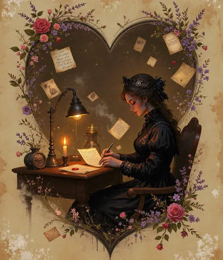 **Subject/Scene:**
A breathtaking, cinematic depiction of a **romantic time-traveling journey through sepia-toned vignettes, where vintage love stories unfold like a delicate dream**. The scene is infused with the **warmth of nostalgia**, evoking memories of a bygone era filled with **handwritten love letters, pressed flowers, and ornate lace-trimmed valentines**.
At the heart of the composition, a **woman dressed in 19th-century attire** sits by an old wooden writing desk, illuminated by the golden glow of candlelight. She delicately holds a faded love letter, her gloved fingers tracing the elegant cursive script as if feeling the whispers of a distant romance. A single **red wax seal lies broken beside her**, revealing a message of longing and devotion from an unseen admirer.
Swirling around her, **fragments of time unravel**—sepia-toned vignettes depicting fleeting moments of love:
- A **Victorian couple exchanging a stolen kiss beneath an ornate street lamp**, their figures softly blurred like an old photograph.
- A **soldier penning a heartfelt letter on the eve of his departure**, his ink-stained hands trembling with emotion.
- A **woman in a flowing gown twirling through a ballroom**, her dance frozen in time like an antique daguerreotype.
Each scene appears like **delicate, translucent echoes of the past**, suspended in the air like fragments of a forgotten dream.
Scattered throughout the scene are **classic vintage valentines**, intricately decorated with **lace patterns, embossed roses, and golden filigree**, their delicate paper edges curling with age. Some flutter gently, caught in a **soft, timeless breeze**, while others rest upon the desk, adorned with **delicate dried lavender and pressed violets**—tokens of love carefully preserved across centuries.
**Background & Mood:**
The background is **soft and ethereal**, with a **sepia-hued glow that fades into rich, warm ambers and delicate ivory tones**. The lighting is **dreamy and romantic**, casting **gentle shadows that mimic the flickering of candlelight**. The entire scene has the **atmosphere of an old, beautifully preserved memory**, as if glimpsed through the pages of a long-lost diary.
Faintly in the distance, a **vintage steam train lingers in a misty haze**, symbolizing the passage of time and the journeys of love that transcend generations. Wisps of soft smoke curl through the air, blending seamlessly with the floating vignettes, creating a sense of **fluid, poetic movement**.
**Art Style & Details:**
A seamless blend of **hyper-realistic vintage photography and soft painterly elegance**, enriched with **intricate details that feel tangible**—the texture of aged paper, the shimmer of antique gold ink, the softness of delicate lace. The scene is bathed in **a warm, sepia-toned palette**, accented by the occasional **deep crimson of a wax seal or the soft blush of a fading rose**.
The composition exudes **romantic nostalgia, evoking a deep sense of longing, devotion, and timeless love**. The blend of **realism and fantasy** transports the viewer to a world where love letters hold whispers of the past, and vintage valentines carry the essence of undying romance.
0P4R7, BlacklightGraffiti, Foggy, xijie_mihuan, anime-style illustration , illustration, fg, shanshui, 0r1t1s, Anaglyph3D, bo-romance, Anime, 3mb3rot, Jedcyb3r, Jedspl4tt,