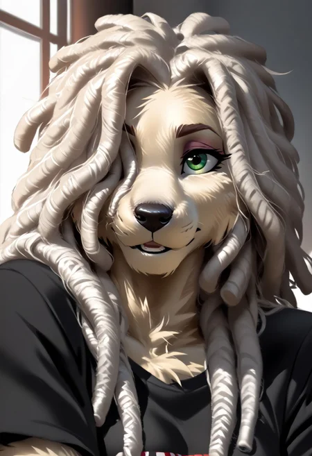 score_9, score_8_up, score_7_up, (by zummeng:1.5), (by jailbird:1.5), (by kittydee:1.5), masterpiece, best quality, (solo),
(Furry Art : Anthro : komondor:1.5), 1girl, expressive eyes, feminine eyes, perfect face, feminine face, (white hair), (dreadlocks:1.5), feminine body, (medium breasts), dog, canine, hungarian sheepdog, (corded fur:1.5), (dreadlock fur:1.5), (long fur:1.5), (white fur), (hair covering one eye:1.5), (black t-shirt:1.5), (green eyes),