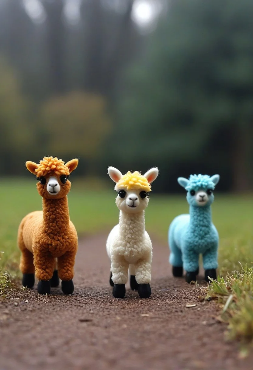 three miniature plastic toy alpacas going to school, the alpacas are differently colored and differently sized, CreepyCuteMagical, novuschroma53 style