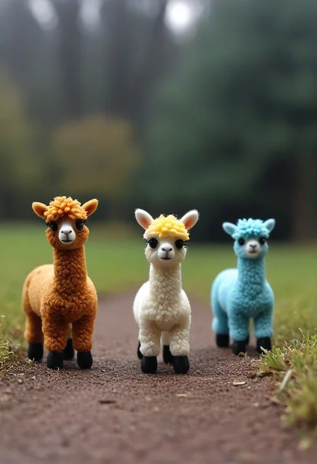 three miniature plastic toy alpacas going to school, the alpacas are differently colored and differently sized, CreepyCuteMagical, novuschroma53 style