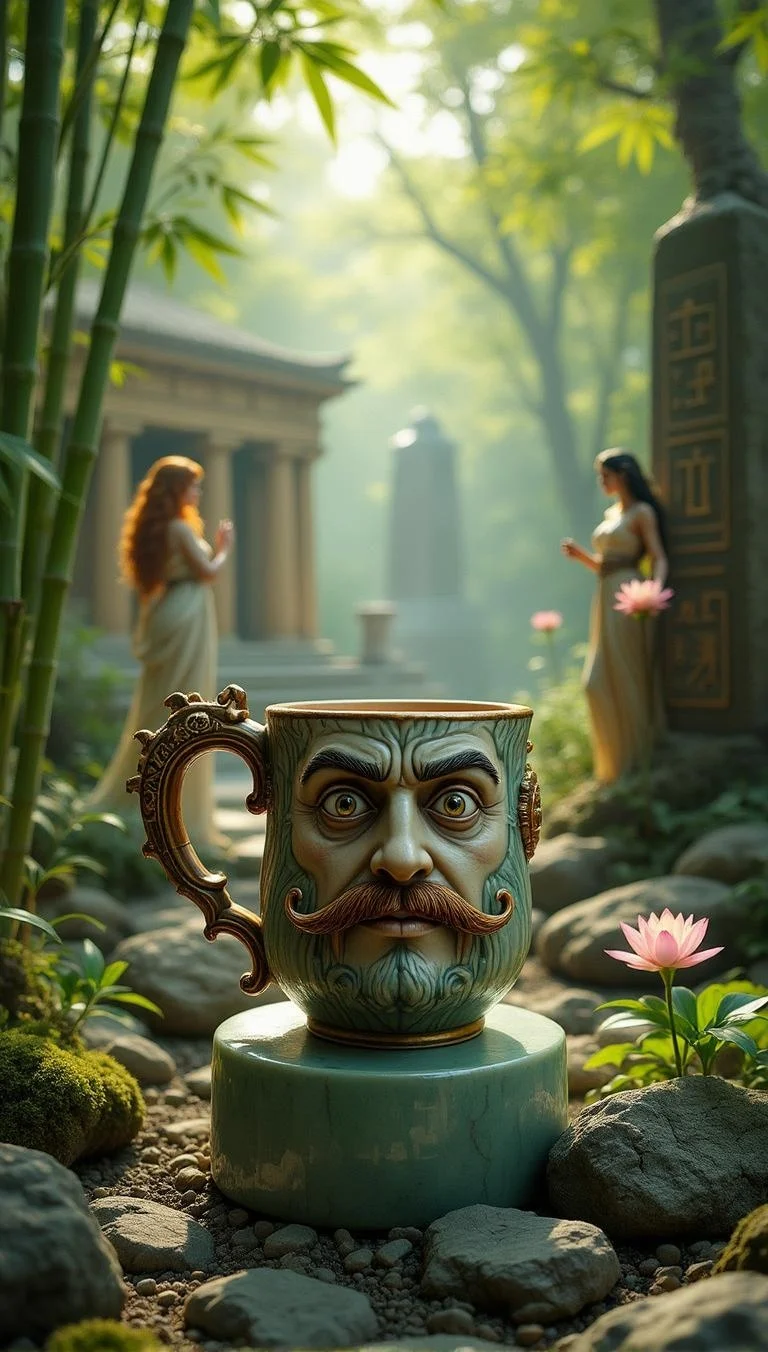 <lora:111622.safetensors:1> Epic Image
In the heart of a lush, enchanted garden, a unique ceramic mug rests on a pedestal of polished jade. The mug itself is a masterpiece of fusion, blending the elegance of classical Japanese aesthetics with the mysticism of ancient Greek and Egyptian iconography. The face of a mustached wizard adorns the mug, his wide eyes and whimsical expression crafted with meticulous detail. His mustache, intricately adorned with gold filigree, seems to dance in the dappled sunlight filtering through the surrounding bamboo.
The earthy tones of the mug, accented with vibrant moss green, evoke the serene beauty of a Japanese Zen garden. A sturdy wooden handle, carved with intricate patterns inspired by Renaissance art, adds a touch of timeless elegance. The handle's design hints at the art of calligraphy, with flowing lines that seem to tell a story of ancient wisdom and craftsmanship.
Around the mug, the garden comes to life with elements of steampunk technology and futuristic design. Delicate gears and cogs, crafted from copper and brass, are woven into the roots of an ancient tree, adding a modern twist to the serene setting. The interplay of light and shadow casts a mystical glow, highlighting the textures of the ceramics and the natural surroundings.
In the background, a Greek temple with Doric columns stands alongside an Egyptian obelisk, both adorned with intricate hieroglyphs and bas-reliefs. The figures of a graceful Greek muse and an Egyptian priestess, both adults, are depicted in graceful poses, their attire blending the aesthetics of their respective cultures. The muse, a woman in her late 20s with flowing auburn hair and a toga, holds a lyre, while the priestess, a woman in her early 30s with dark, braided hair and a headdress, holds a lotus blossom.
This whimsical and fantastical design, a fusion of diverse cultural and mythological traditions, tells a compelling story of timeless beauty and the enduring human spirit. It is a perfect gift for anyone with a love for fantasy and artisanal craftsmanship.