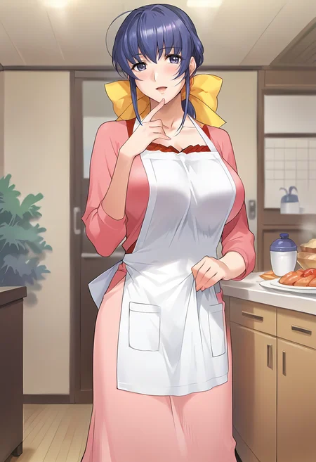 score_9, score_8_up, score_7_up, source_anime, masterpiece, 1girl, ct_haruka, blue hair, hair bow, ponytail, large breasts, pink shirt, long sleeves, apron, light pink long skirt, looking at viewer, indoors, japanese home, hand up,<lora:HarukaOgihara_Pony_ct:0.9>