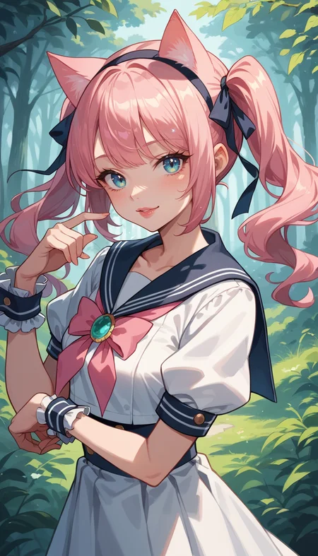 score_9, score_8_up, score_7_up, Anime Style, Portrait, cat girl, cute, seductive, innocent, light smile:0.3, plump lips, slender body, cat ears, high detailed sailor suit, pink hair ribbon:1.2, hairband,, wrist cuffs, twintails, gem, frills, softlight, forest background, depth of field, dynamic angle, fashion photography, sharp, hyperdetailed:1.15