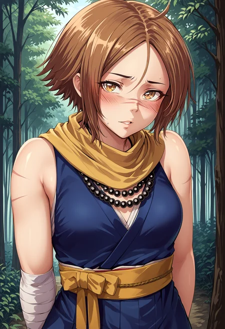 score_9, score_8_up, source_anime, uncensored, outdoors, forest, <lora:zenraqq:1> <lora:discount_tittymonk:1> 1girl, short hair, brown hair, brown eyes, scar on face, multiple scars, bead necklace, yellow scarf, japanese clothes, sash, sleeveless, bandaged arm, medium breasts, looking at viewer, parted lips, blush, hands behind back,