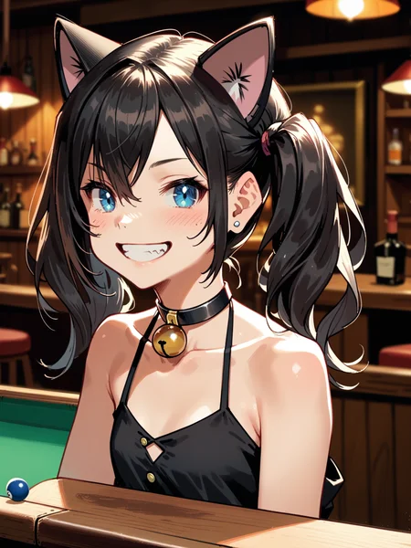 (upper body, solo focus:1.1) <lora:happy_tentacle-halloweengirl-v0.1-000045:1>, ht_halloweengirl, (flat chest:0.8), black hair, blue eyes, choker, neck bell, jingle bell, twintails, cat ears, cat tail (petite:1.2), ( (necklace :1.1) :1.1) ( , , ( :1.2) , grin , :1.2) , indoors, , (bar, pool table:1.2), jukebox, bartender, booth seating, wooden floor, wooden wall, (( from side :1.2) :0.8) score_9, score_8_up, score_7_up, score_6_up, score_5_up, score_4_up, ( [(realistic, photorealistic:1.3):(realistic:1.2):16] [(3d:1.2)::14] :1) <lora:LUUNA's Lunas-NijiJourney-SDXL-B2:0.35>, nijijourney <lora:prgfrg23's Counterfeit-V3.0 Style SDXL_LoRA_Pony Diffusion V6 XL:0.5> <lora:mfcg's mfcgXL:0.12> <lora:reweik's gyokai(himehajime)_PonyXL_style_v01:0.14>