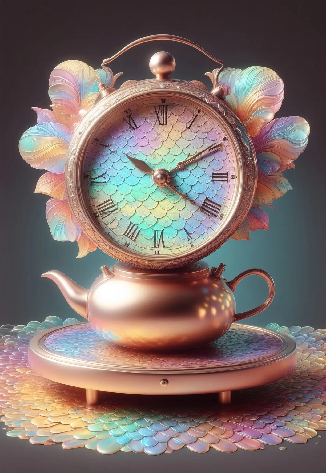 p1nk1r1sc4l3s On an old oak kitchen table, an ancient copper kettle sits, its surface worn and tarnished by time. The kettle is surrounded by an array of peculiar objects: a ceramic plate adorned with intricate, swirling patterns, seemingly shifting as you gaze upon it; a tarnished silver spoon that glows faintly in the dark; a stack of recipe cards, each one written in a different language, their edges singed and curling as if they’ve been exposed to flames. As the kettle begins to whistle, a warm, golden steam rises, carrying the scent of something both sweet and savory. The steam condenses into the shape of an elaborate, glowing clock—each tick a soft whisper. On the counter, a knife carved from a single, translucent crystal rests beside an assortment of rare spices, some sparkling with an ethereal dust. The room seems to hum with an unseen energy, as though the kitchen itself is alive, holding secrets of recipes that alter reality and flavors that bend time