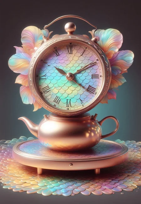 p1nk1r1sc4l3s On an old oak kitchen table, an ancient copper kettle sits, its surface worn and tarnished by time. The kettle is surrounded by an array of peculiar objects: a ceramic plate adorned with intricate, swirling patterns, seemingly shifting as you gaze upon it; a tarnished silver spoon that glows faintly in the dark; a stack of recipe cards, each one written in a different language, their edges singed and curling as if theyâve been exposed to flames. As the kettle begins to whistle, a warm, golden steam rises, carrying the scent of something both sweet and savory. The steam condenses into the shape of an elaborate, glowing clockâeach tick a soft whisper. On the counter, a knife carved from a single, translucent crystal rests beside an assortment of rare spices, some sparkling with an ethereal dust. The room seems to hum with an unseen energy, as though the kitchen itself is alive, holding secrets of recipes that alter reality and flavors that bend time