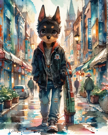 score_9, score_8_up, score_7_up, intricate details, rating_safe,
<lora:SoftWatercolors:1>, SoftWaterColor, 1boy(,
Doberman,
full body, looking at the viewer, solo, friendly expression), detailed background, depth of field, subsurface scattering,
<lora:ral-chrosc-clr:0.3>, ral-chrosc-clr,
<lora:xl_more_art-full_v1:0.3>,
<lora:add-detail-xl:0.3>